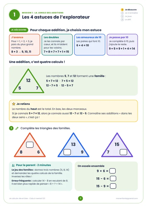 Extrait du cahier Calcul mental CE1, page 7 · je découvre : Les 4 astuces de l’explorateur