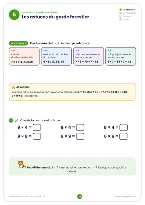 Extrait du cahier Calcul mental CE2, page 32 · je découvre : Les astuces des tables