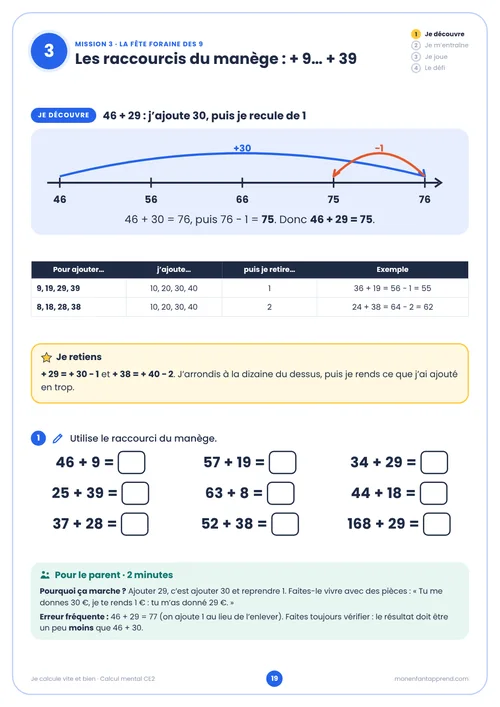 Extrait du cahier Calcul mental CE2, page 19 · je découvre : Les raccourcis du manège