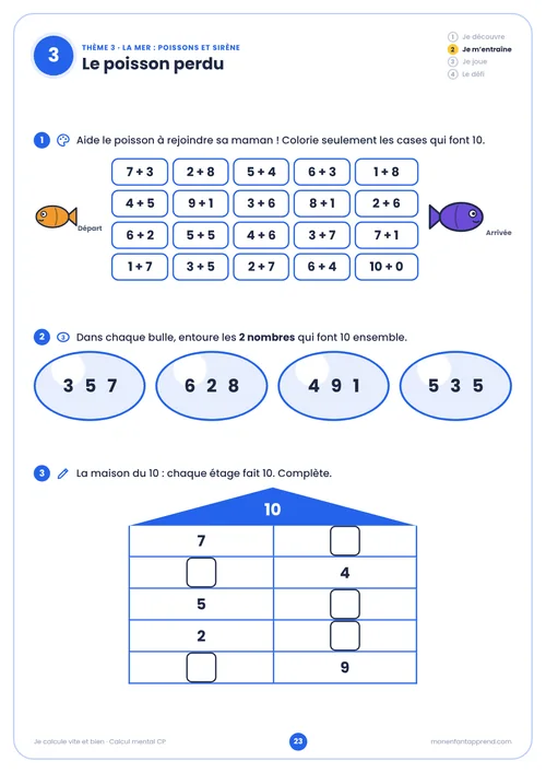 Extrait du cahier Calcul mental CP, page 23 · je m’entraîne : Le poisson perdu
