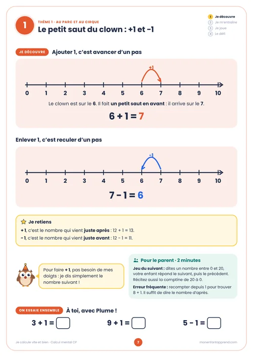 Extrait du cahier Calcul mental CP, page 7 · je découvre : Le petit saut du clown