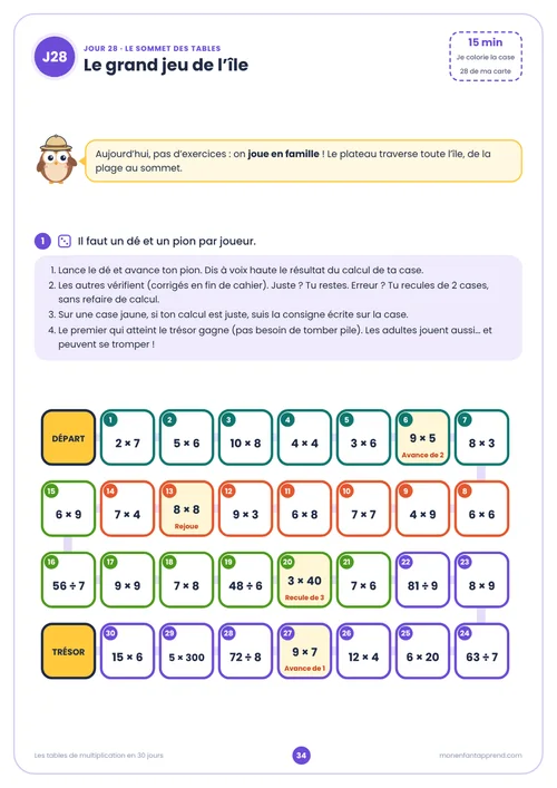 Extrait du cahier Les tables de multiplication en 30 jours, jour 28 · page 34 : Le grand jeu de l’île
