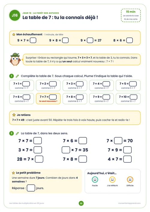 Extrait du cahier Les tables de multiplication en 30 jours, jour 16 · page 22 : La table de 7 : tu la connais déjà !