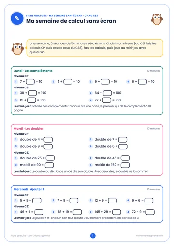 Aperçu de la fiche gratuite Ma semaine de calcul sans écran