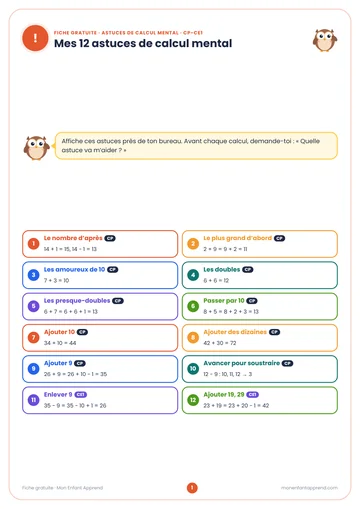 Aperçu de la fiche gratuite Mes 12 astuces de calcul mental