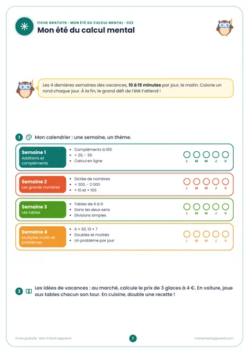 Aperçu de la fiche gratuite Mon été du calcul mental, CE2 vers CM1