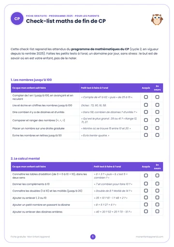 Aperçu de la fiche gratuite La check-list maths de fin de CP