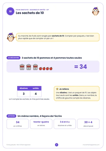Aperçu de la fiche gratuite Les sachets de 10 : dizaines et unités