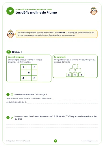 Aperçu de la fiche gratuite Les défis malins de Plume
