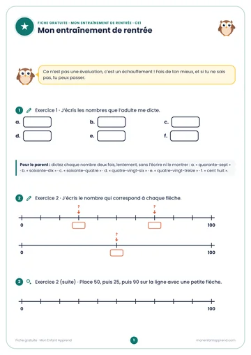 Aperçu de la fiche gratuite Mon entraînement de rentrée CE1