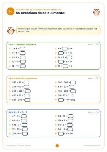 Aperçu de la fiche gratuite 50 exercices de calcul mental CE1