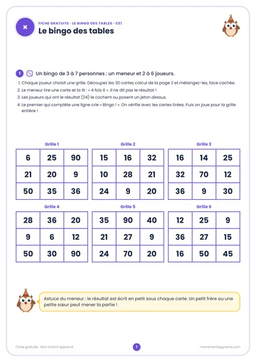 Aperçu de la fiche gratuite Le bingo des tables