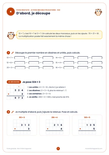 Aperçu de la fiche gratuite Je pose mes multiplications