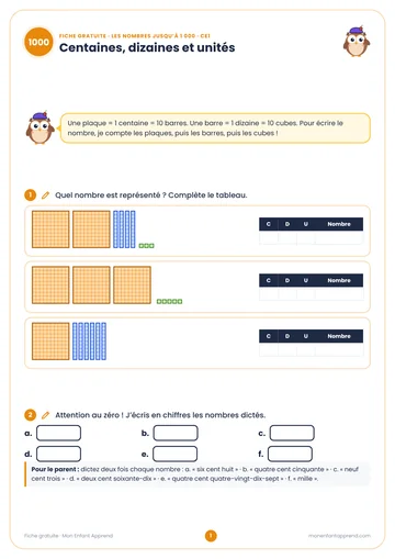 Aperçu de la fiche gratuite Les nombres jusqu’à 1 000
