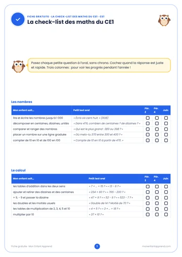 Aperçu de la fiche gratuite La check-list des maths du CE1