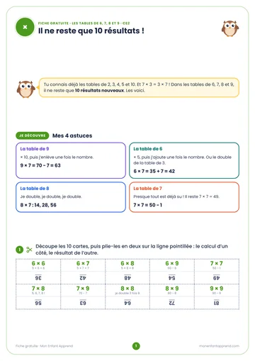 Aperçu de la fiche gratuite Les tables de 6, 7, 8 et 9 en 4 semaines