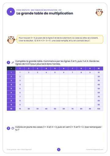 Aperçu de la fiche gratuite Mes tables de multiplication