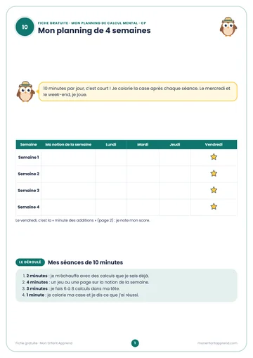 Aperçu de la fiche gratuite Mon planning de calcul mental