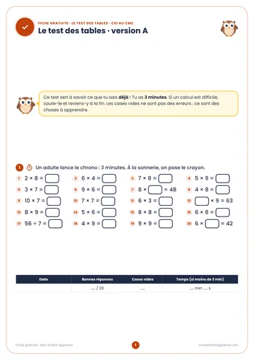 Aperçu de la fiche gratuite Le test des tables
